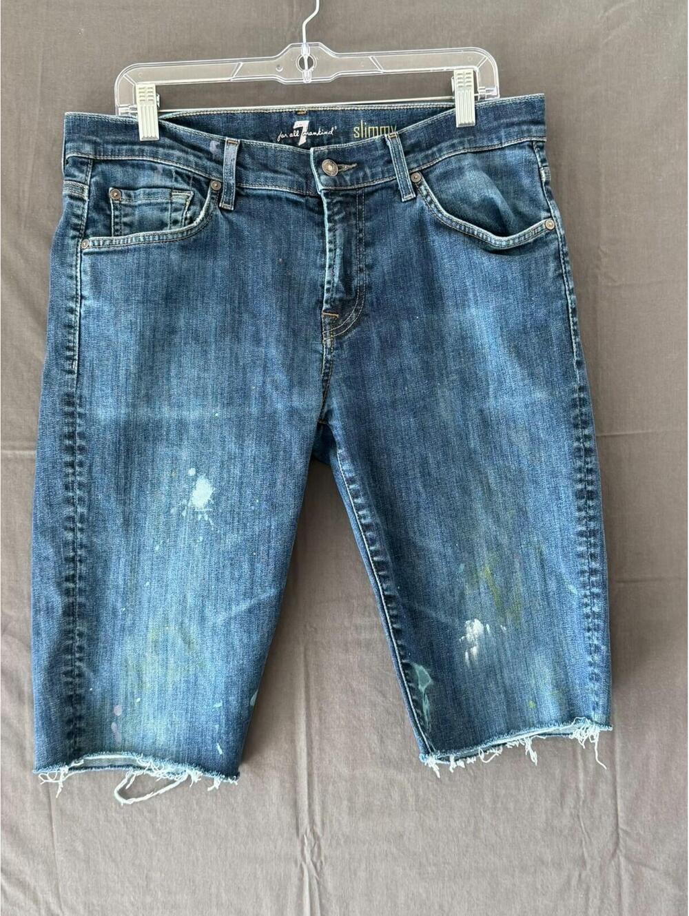 7 For All Mankind Slimmy Denim Jean Shorts Mens 34 Blue Cut Off Paint Splatter